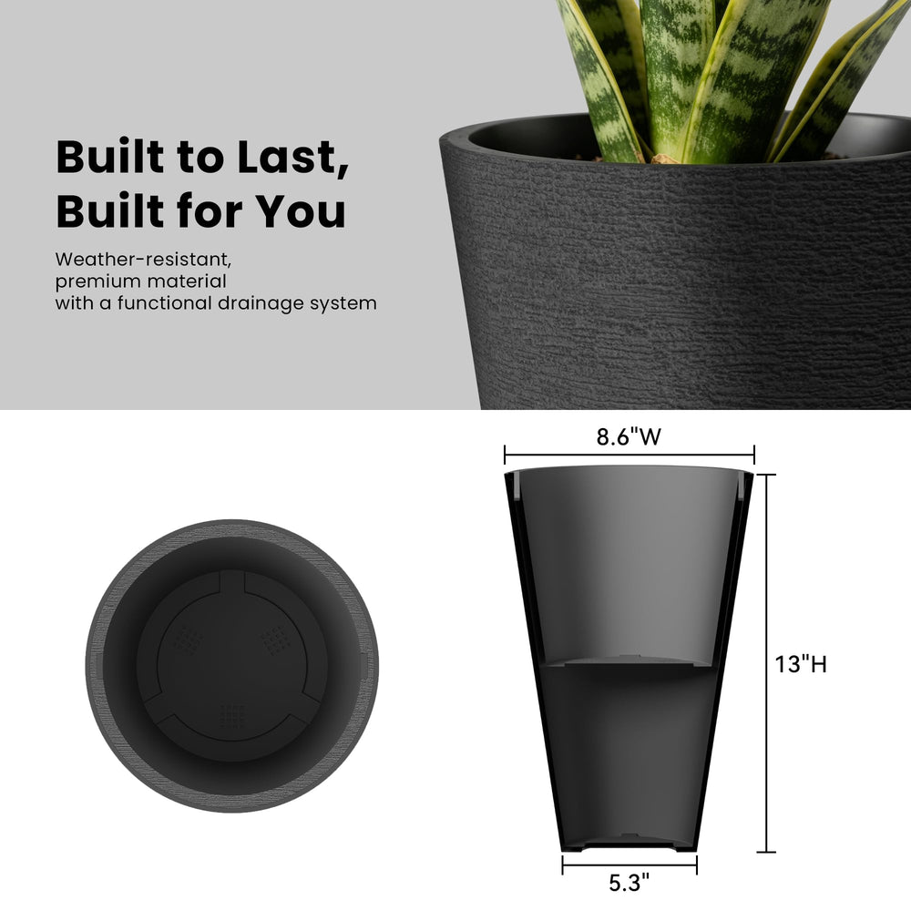Kante hand beside planter to show 13-inch size and real-world scale