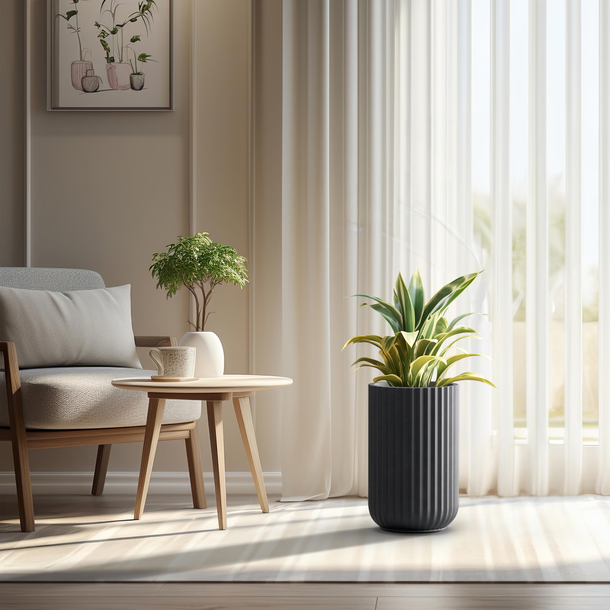 Kante planter next to chair showing scale for placement and proportion