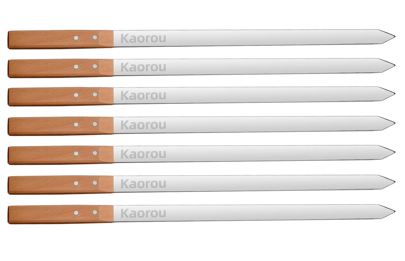 kaorou front view of seven stainless steel skewers showing full length and handles, easy transport
