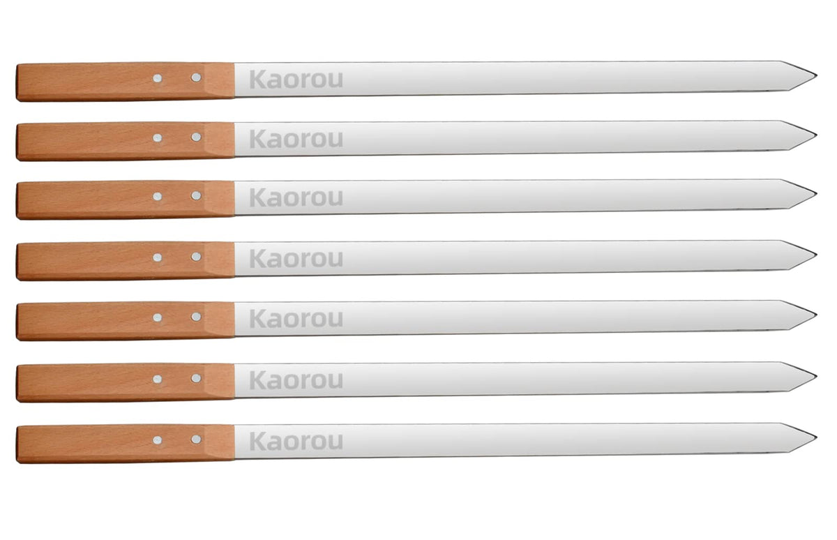 kaorou front view of seven stainless steel skewers showing full length and handles, easy transport