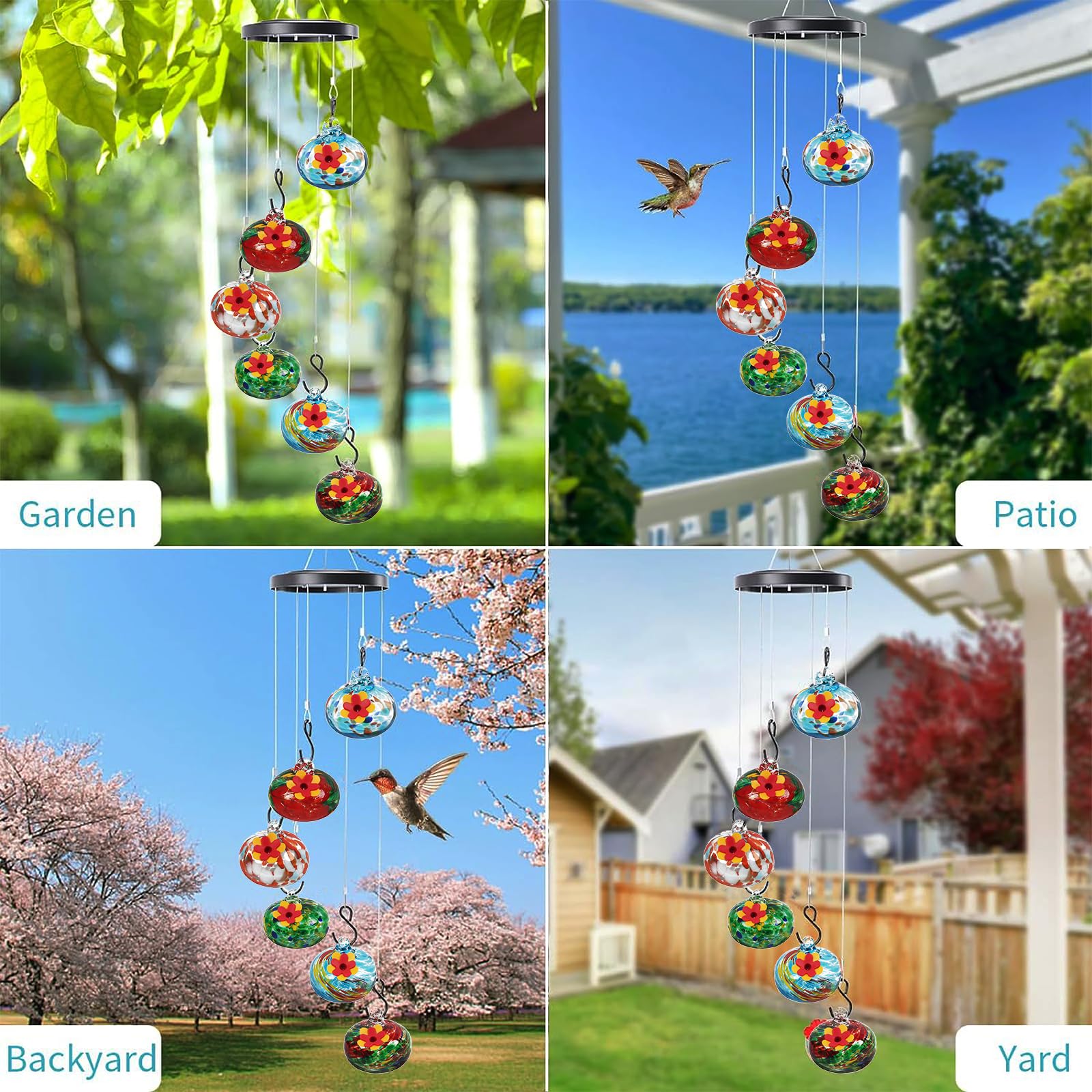 Kapihi wind chime feeder with hummingbird demonstrating easy attraction