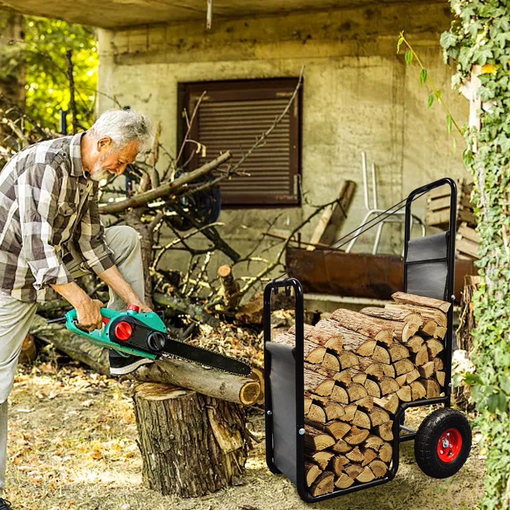 Kapler firewood cart loaded with logs demonstrating 250 lb capacity and tidy transport