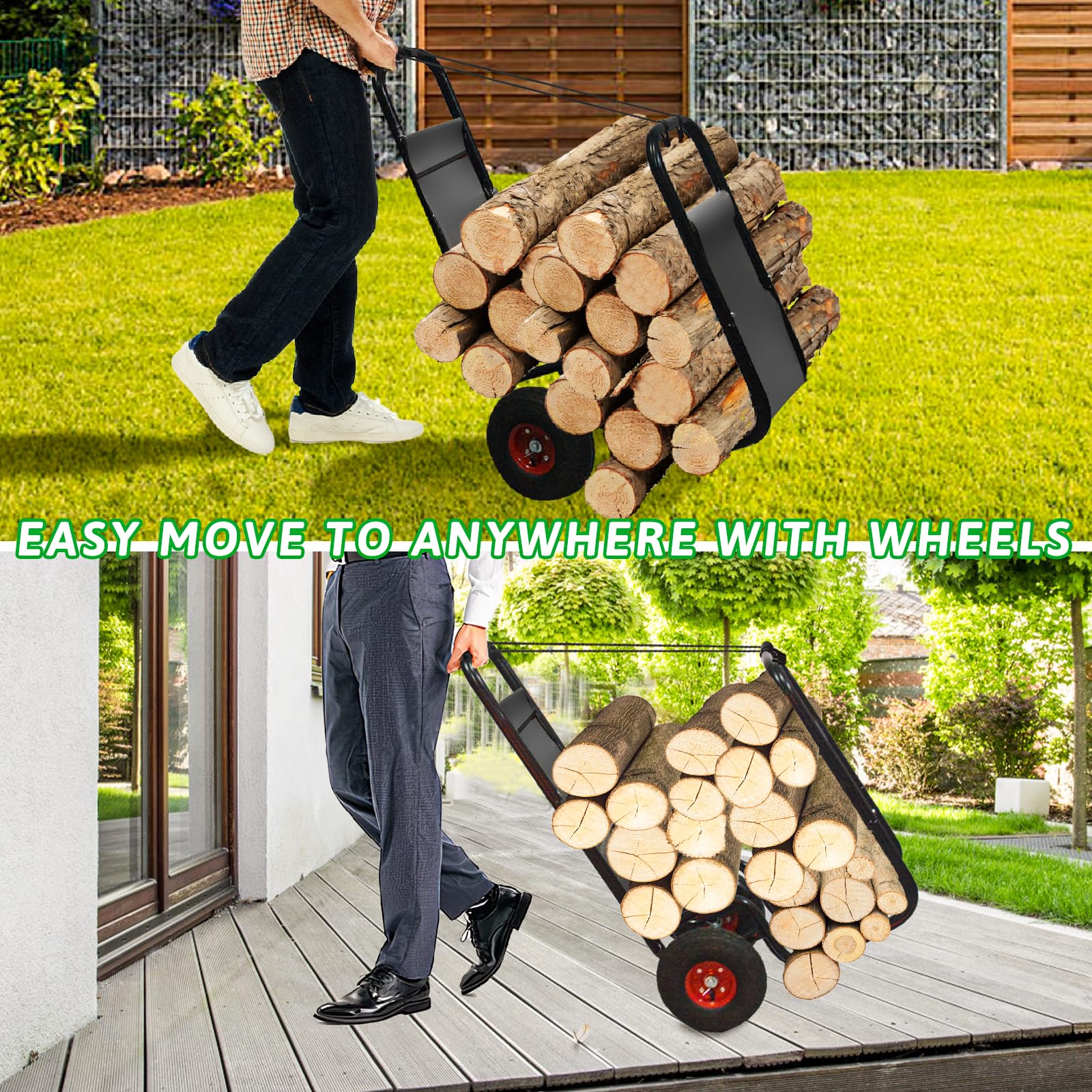 Kapler firewood cart moving through doorway showing protection for floors and thresholds