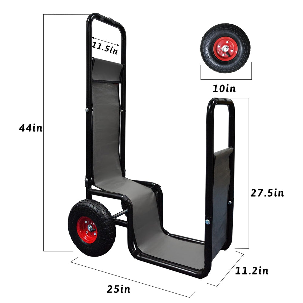 Kapler firewood cart rubber wheels closeup providing quiet, grippy rolling on surfaces