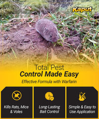Kaput bait granules texture close-up showing palatable feed matrix to attract rodents quickly