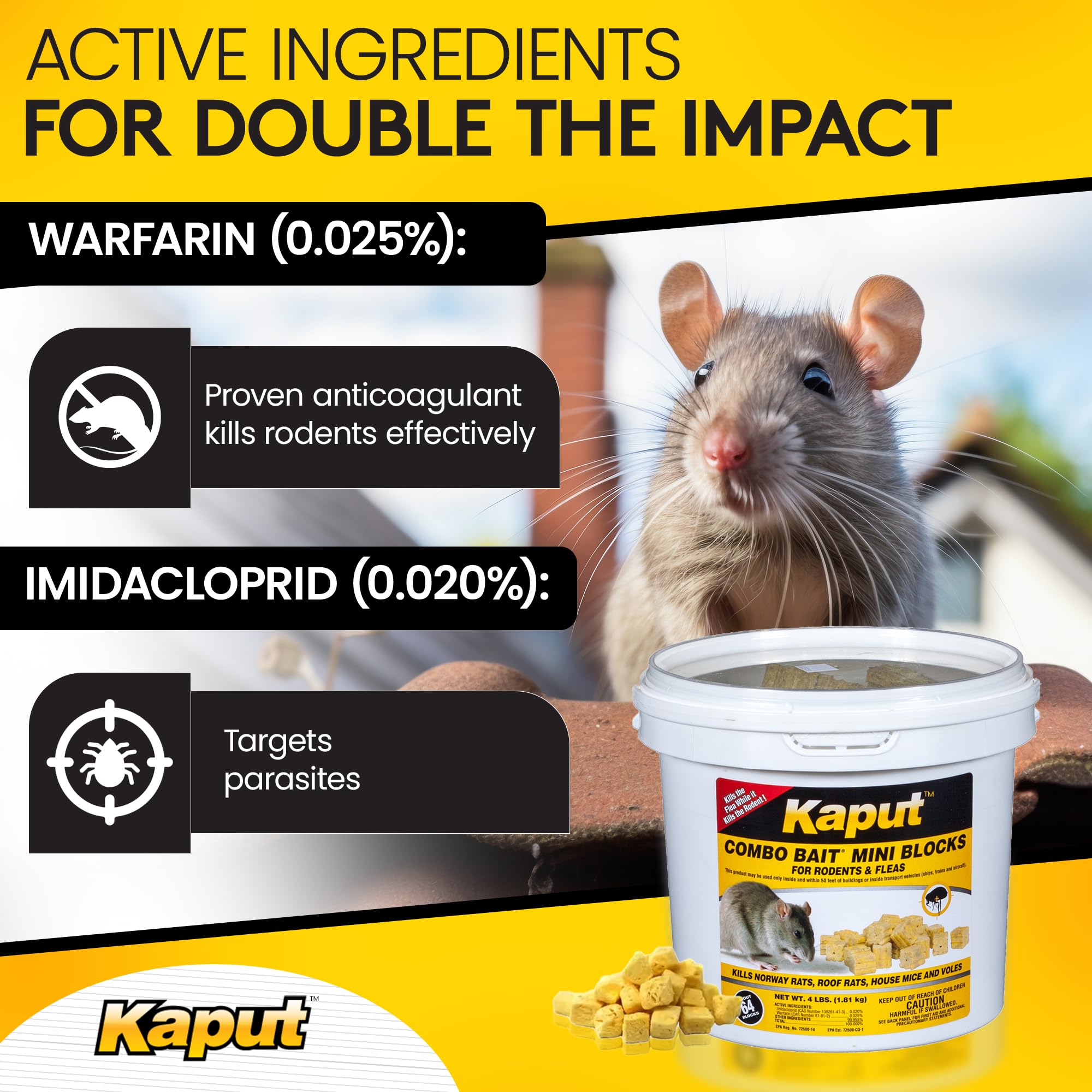 Kaput block close-up displaying rodent-attractive shape and reliable feeding