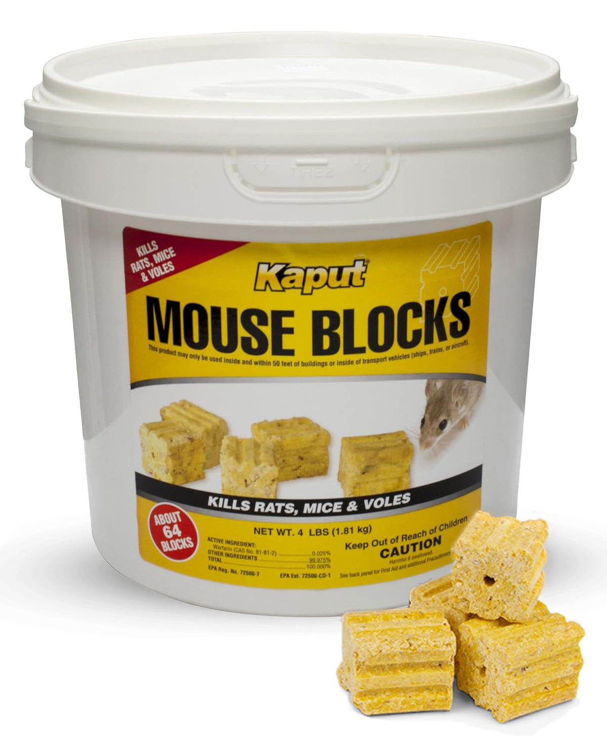 Kaput front of bucket showing product branding and quantity for quick identification