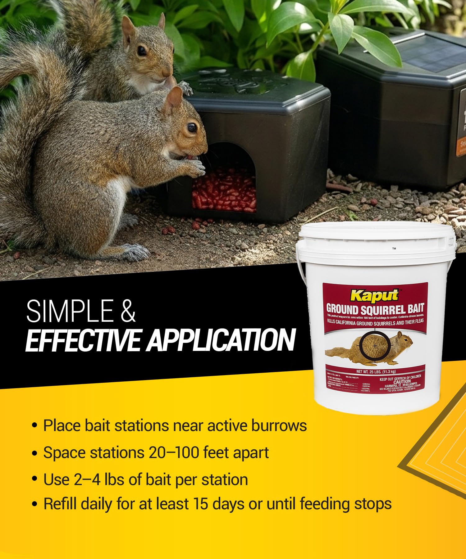 Kaput bait used in landscaped yard illustrating reduced burrow damage benefit