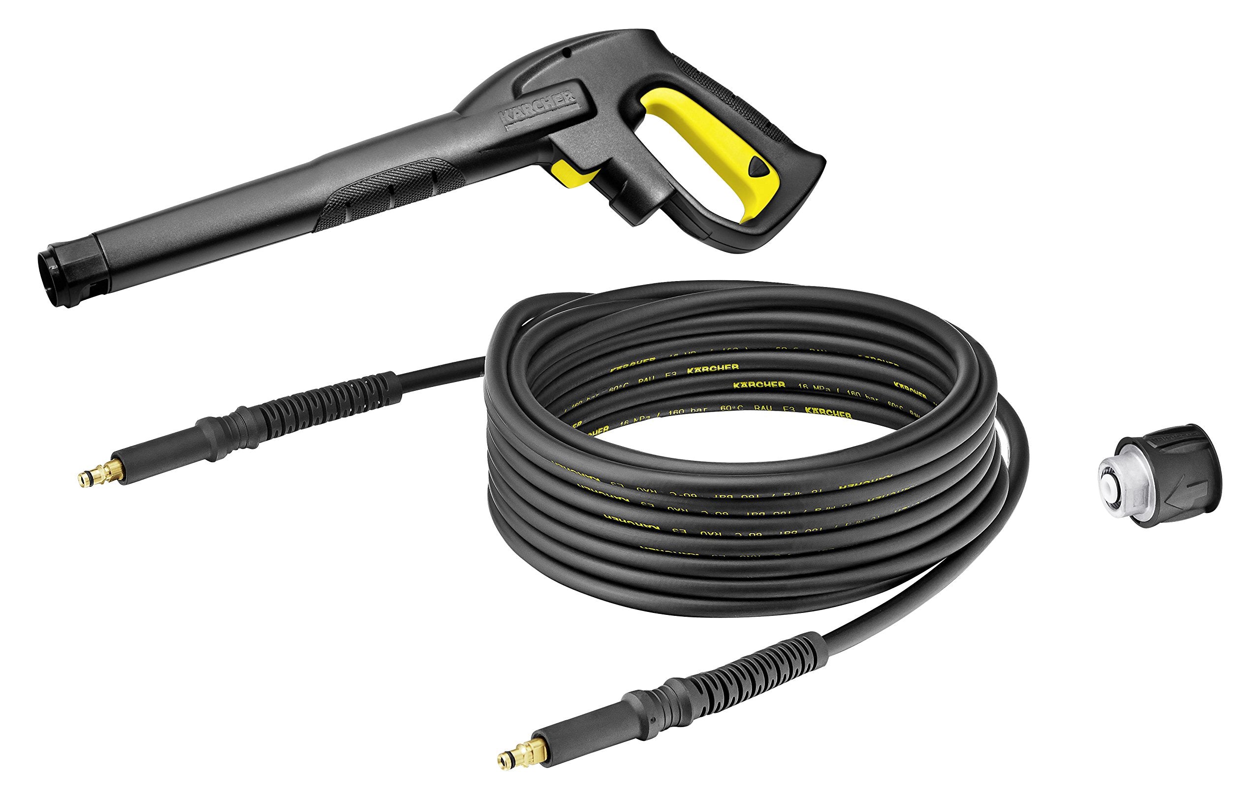 Kärcher front view of hose and spray gun combo showing OEM fit and fast setup