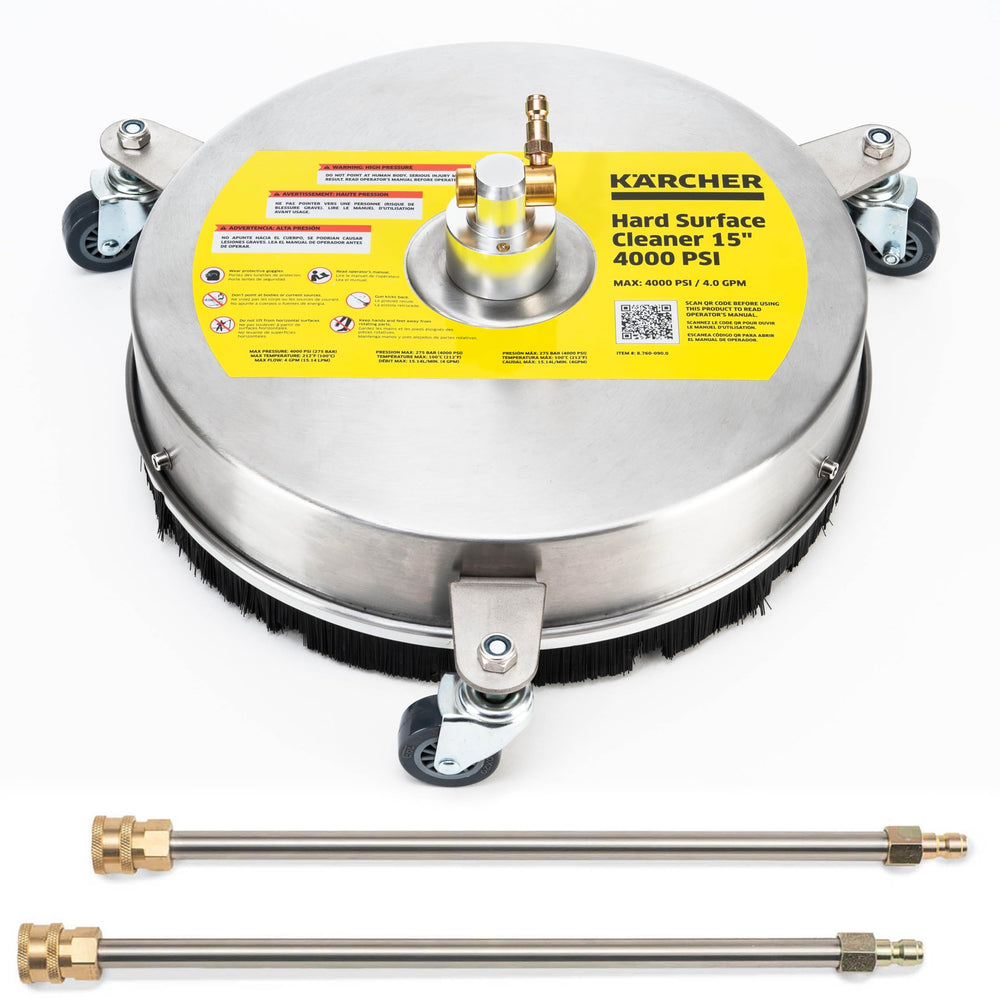 Kärcher front view of 15-inch surface cleaner showing robust build and wide coverage benefit