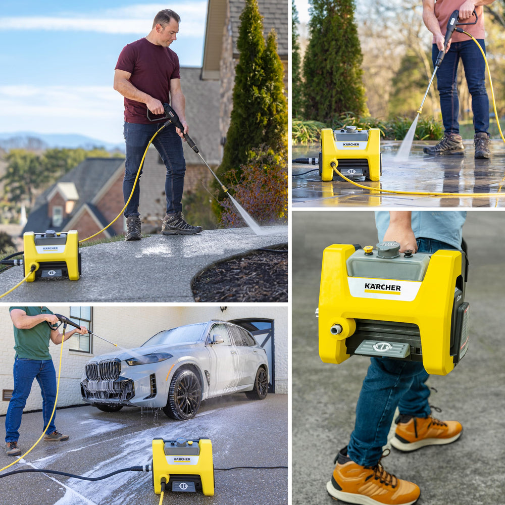 KÄRCHER K1800 Cube beside garden hose showing compact size and scale