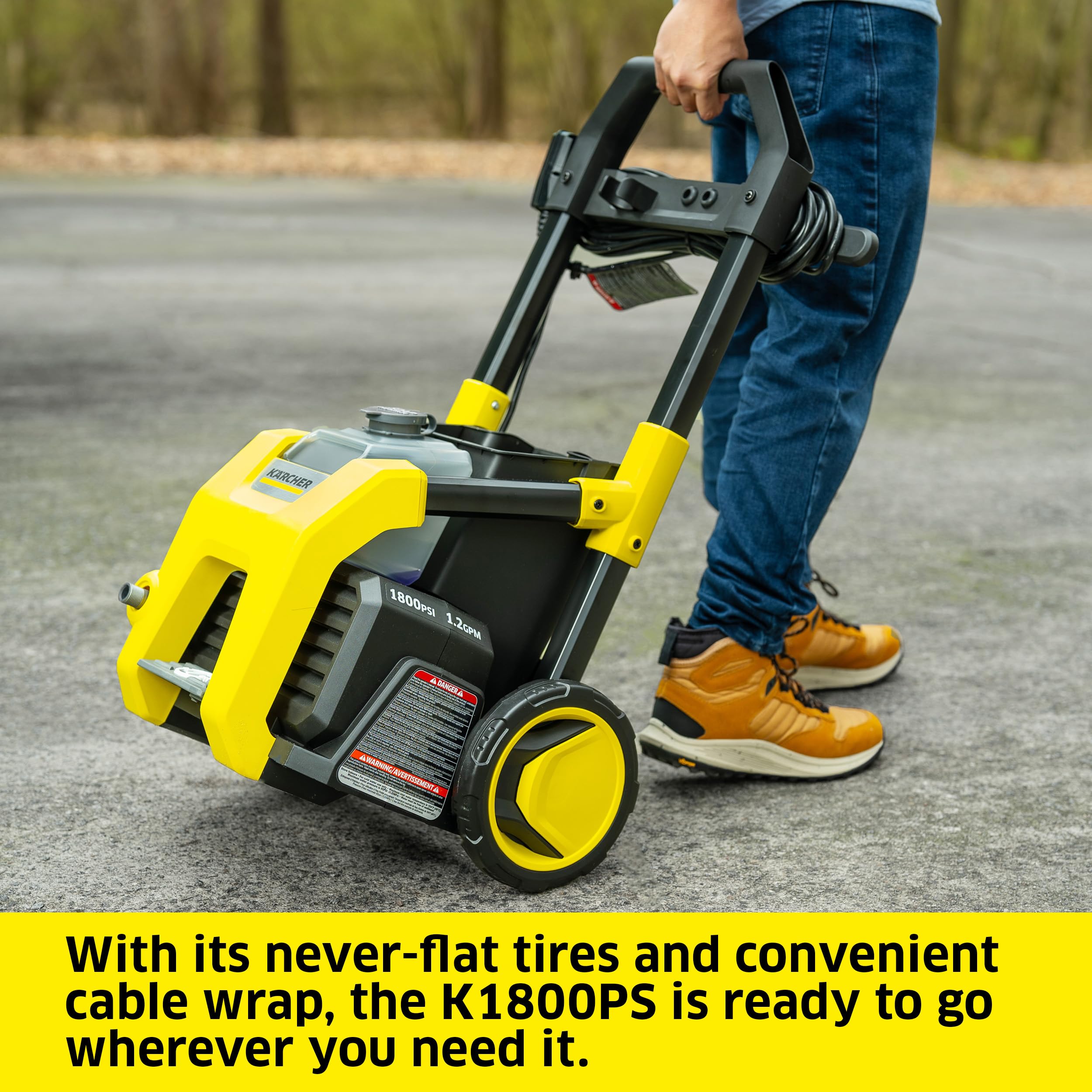 Kärcher K1800PS cleaning a driveway demonstrating strong TruPressure performance and stain removal