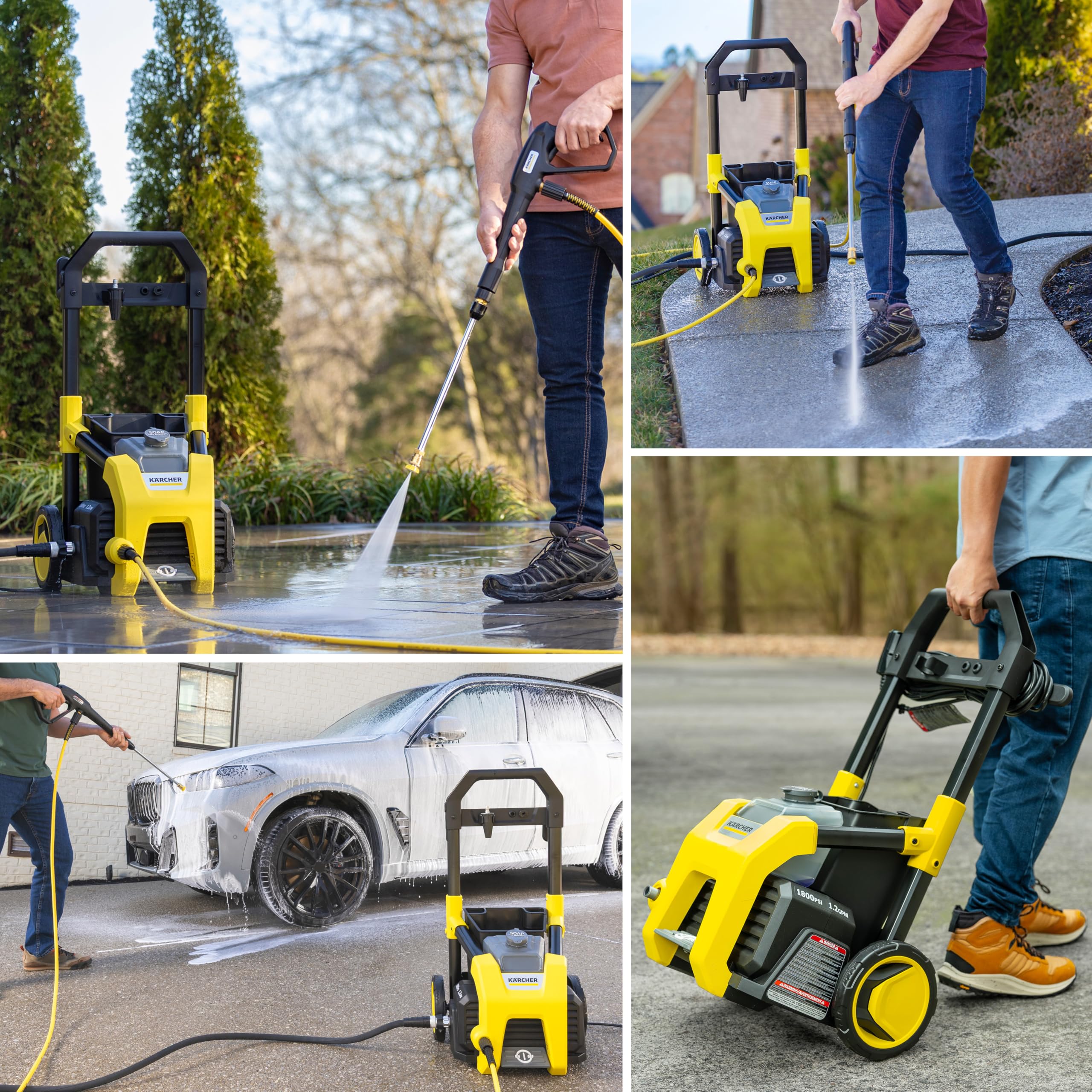 Kärcher K1800PS never‑flat wheel and ergonomic handle for smooth transport across yards