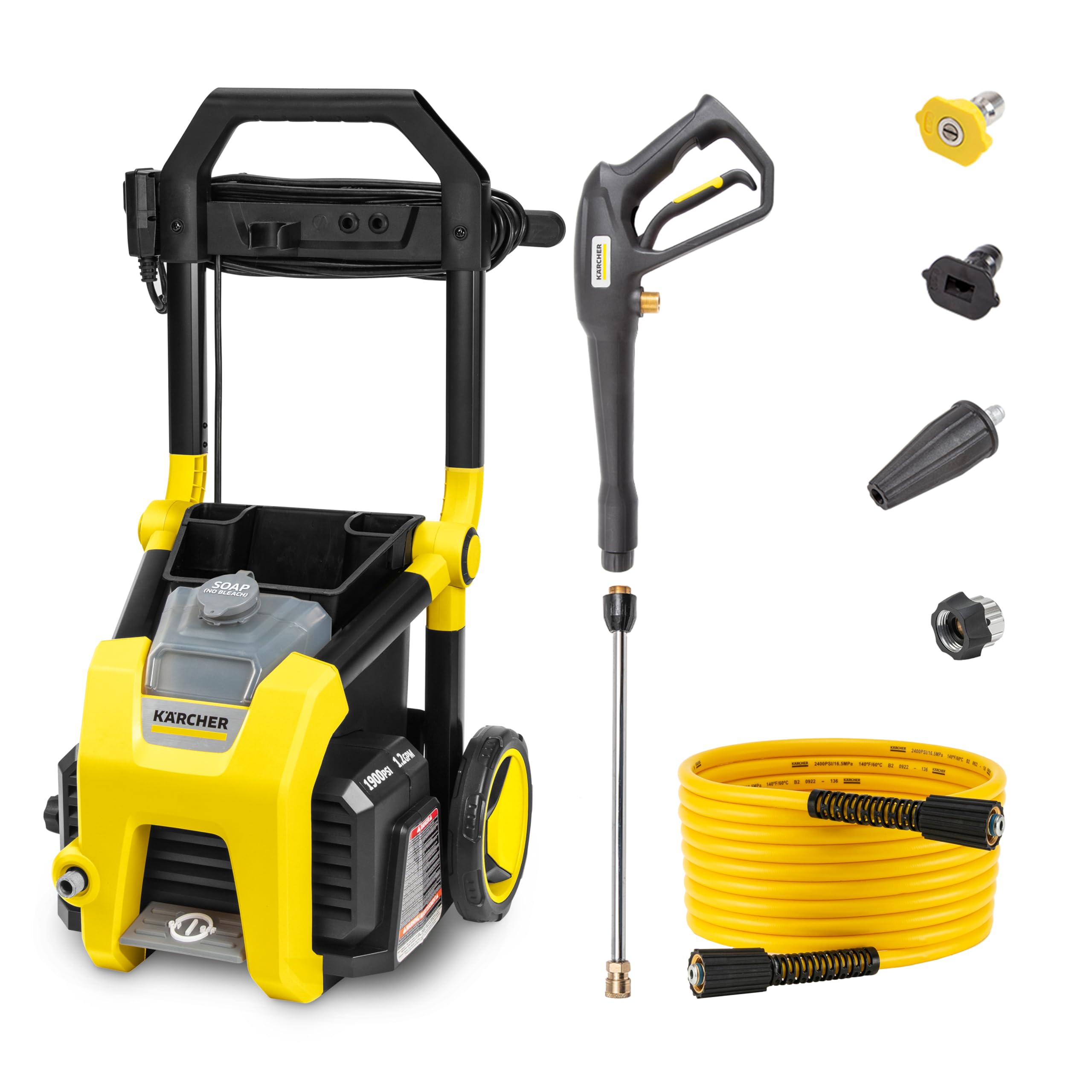 Kärcher K1900PS front view showing compact unit and controls for easy storage