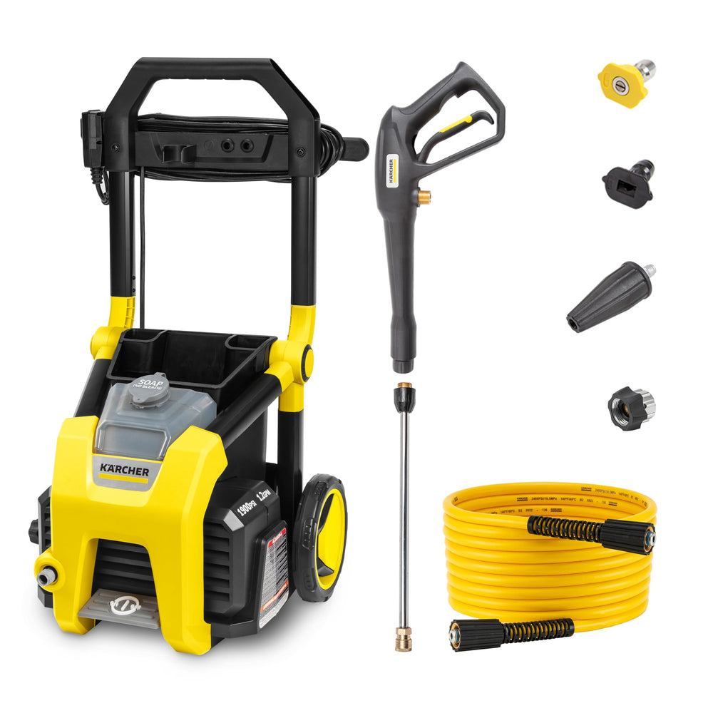 Kärcher K1900PS front view showing compact unit and controls for easy storage