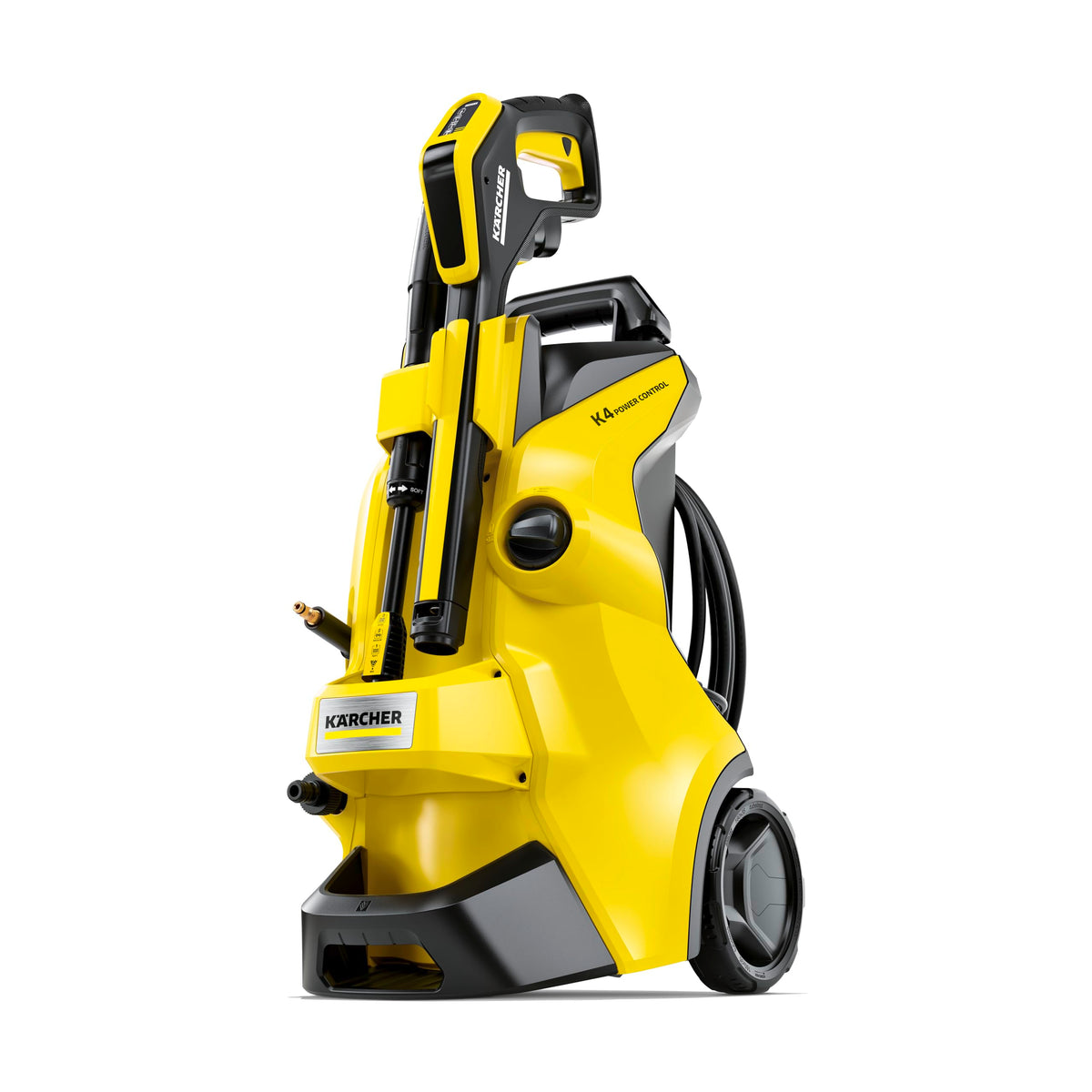 Kärcher K4 front view showing compact design and wheels for easy transport