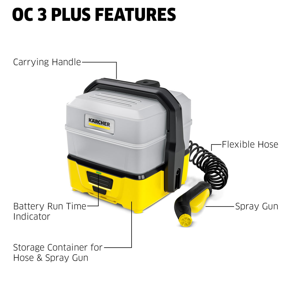 KÄRCHER OC 3 accessories laid out showing bike and pet cleaning options