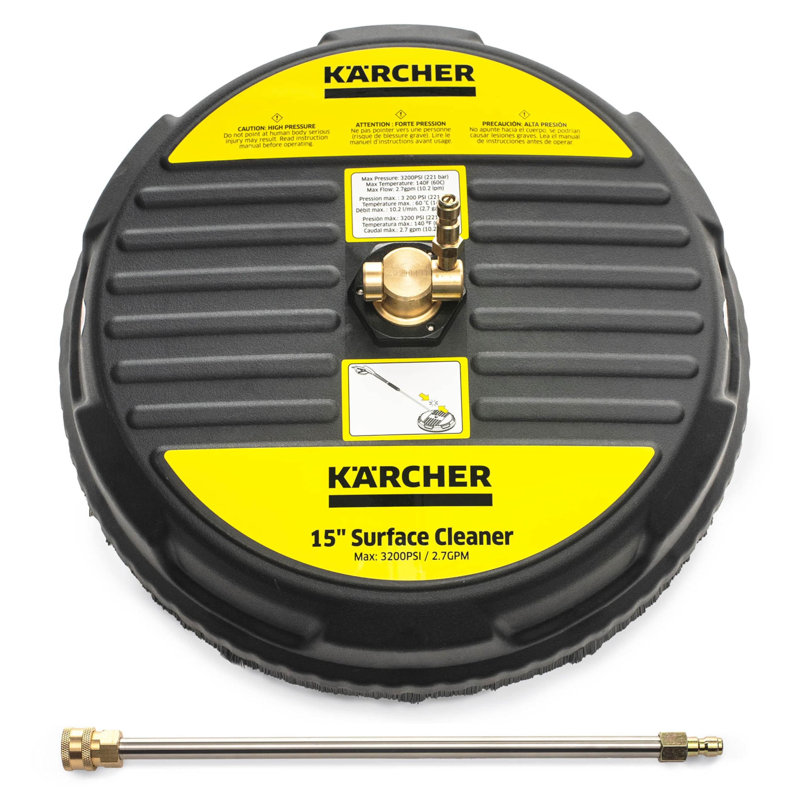 KÄRCHER front view showing 15-inch deck and quick-connect benefit faster cleaning