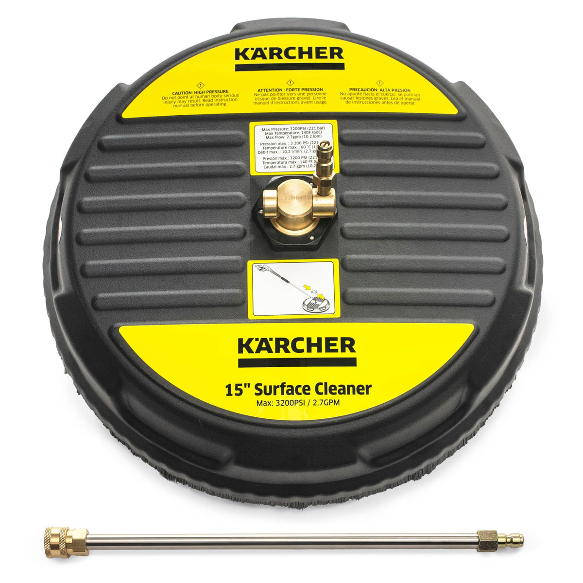 KÄRCHER front view showing 15-inch deck and quick-connect benefit faster cleaning