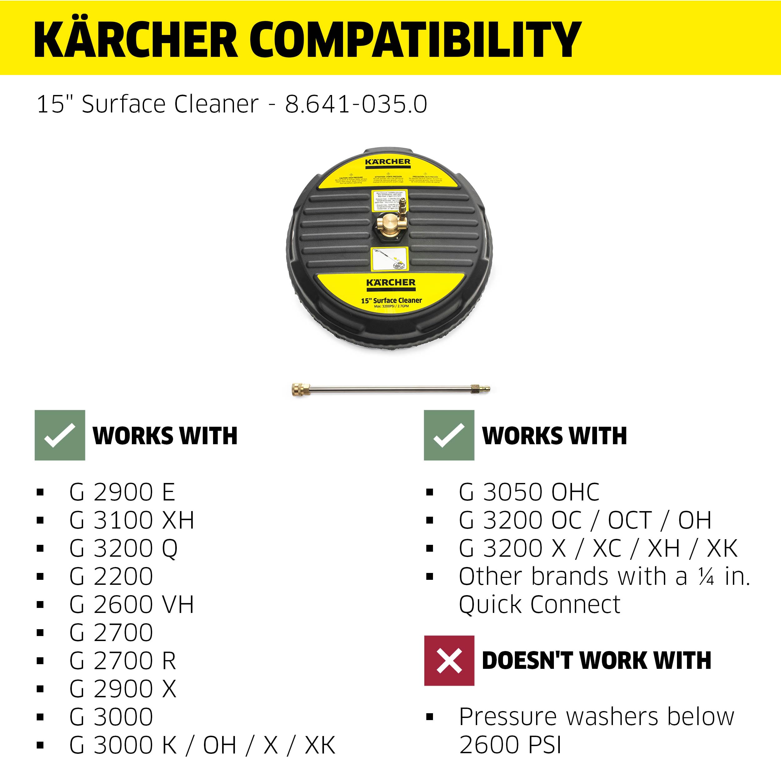 KÄRCHER next to pressure-washer wand for scale showing 15-inch effective width