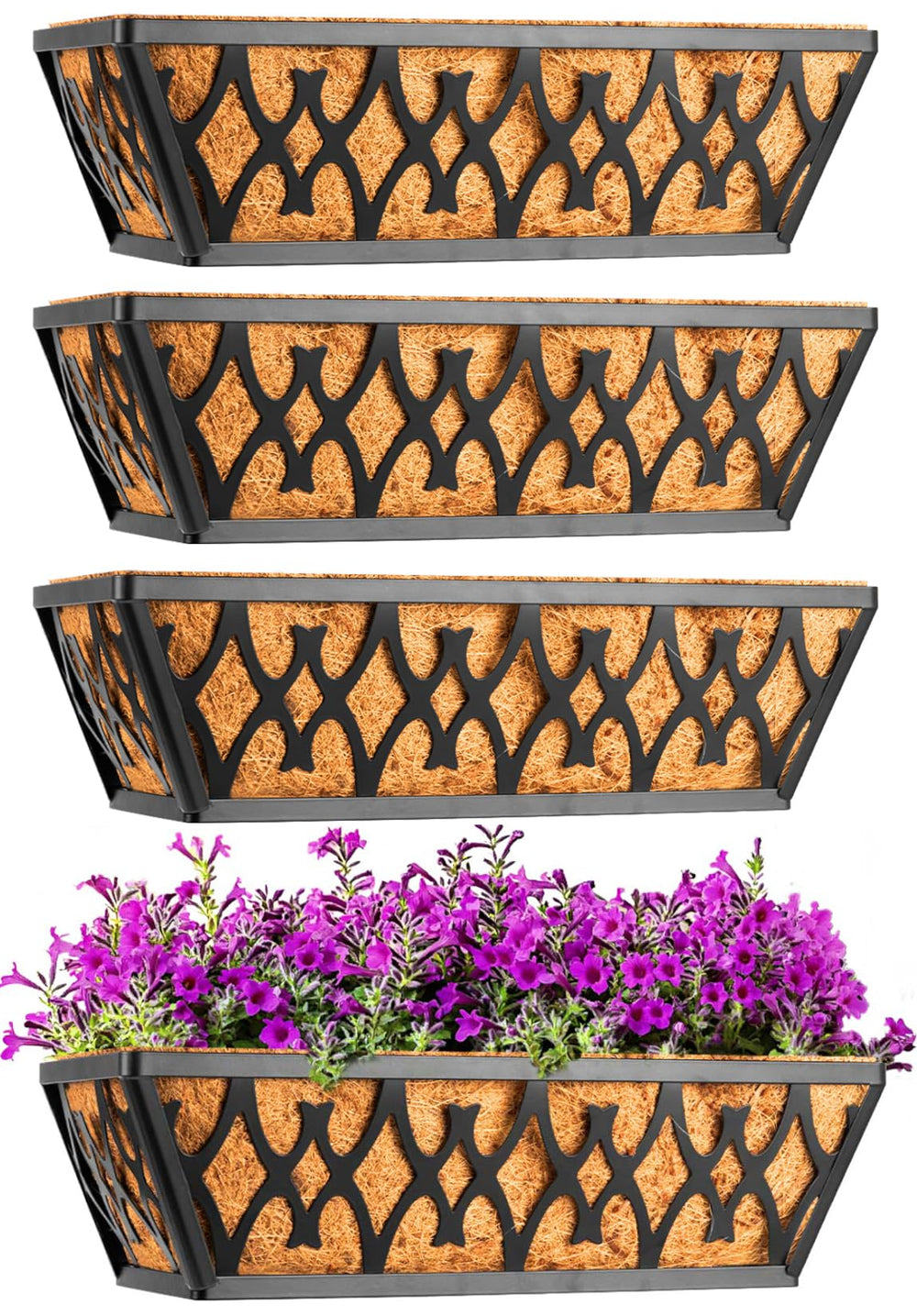 Karlliu front view of four 16-inch planter boxes showing neat flower display and curb appeal