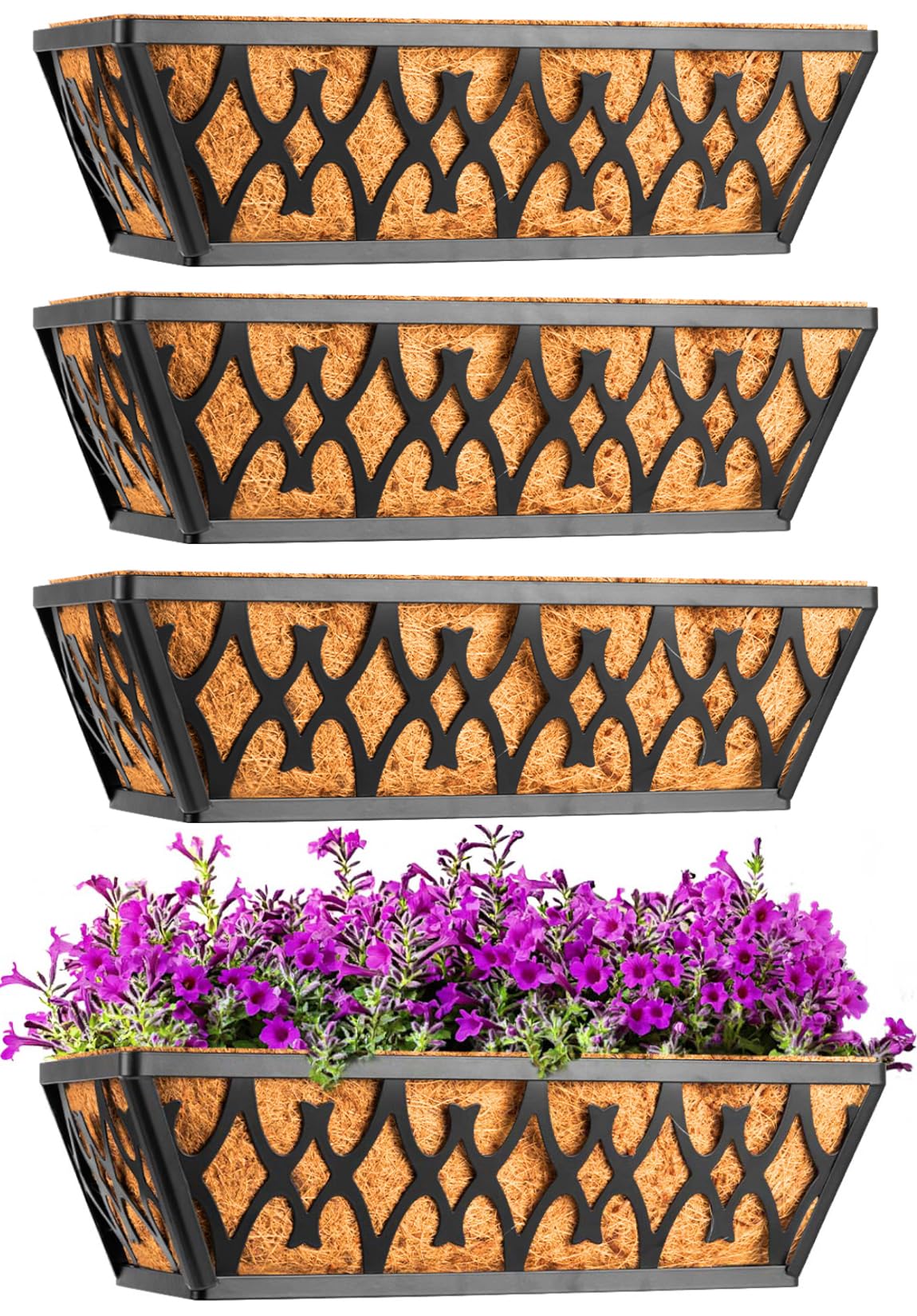 Karlliu front view of four 16-inch planter boxes showing neat flower display and curb appeal