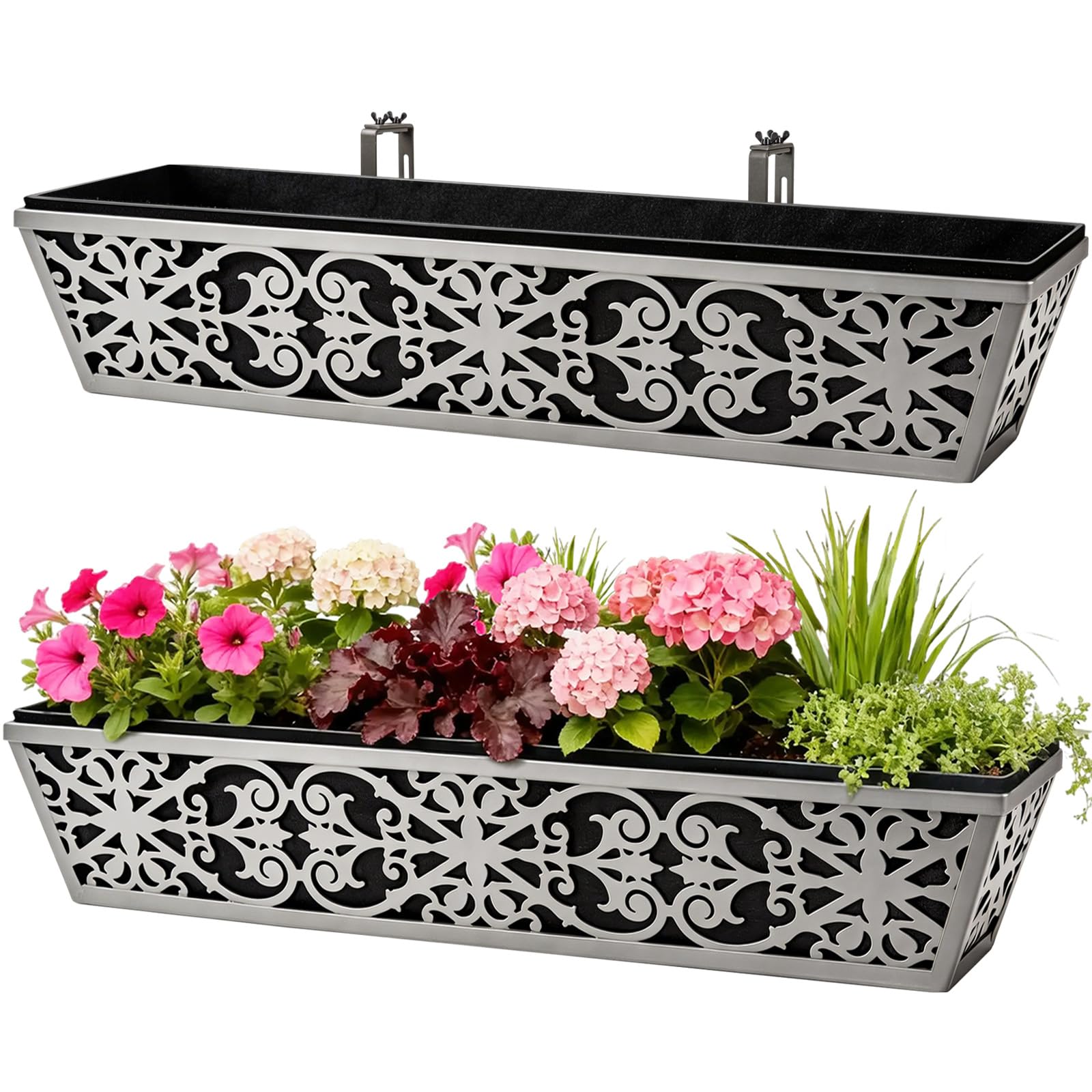 Karlliu front view of two long metal window boxes showing clean lines and durability