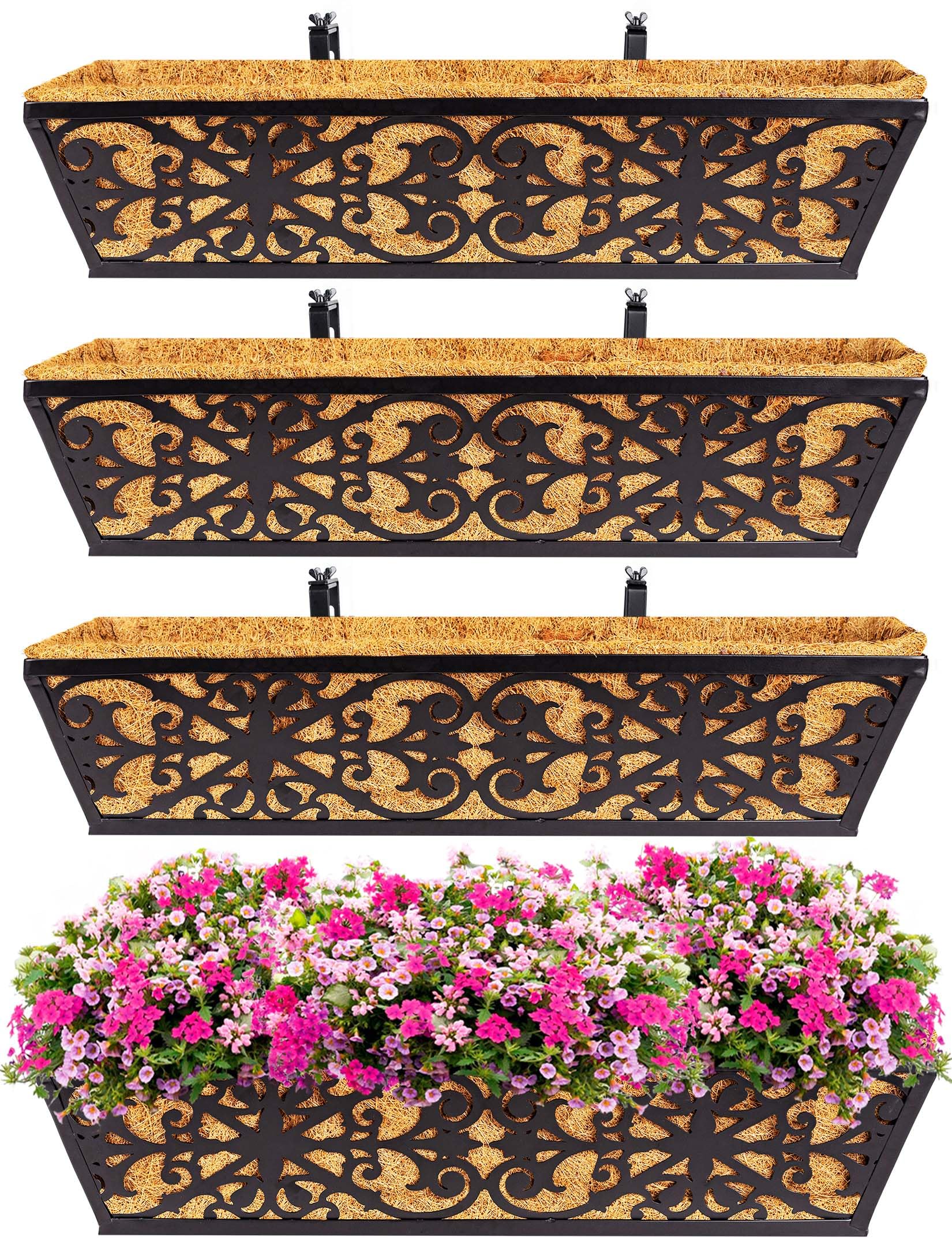 Karlliu front view of four 24-inch railing planters showcasing neat floral display benefit