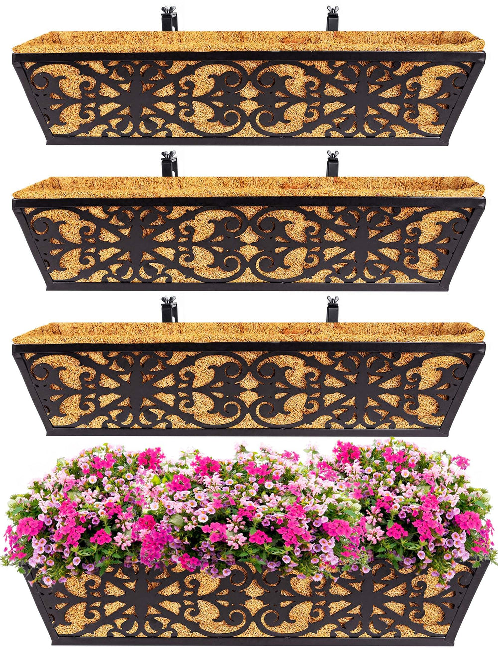 Karlliu front view of four 24-inch railing planters showcasing neat floral display benefit