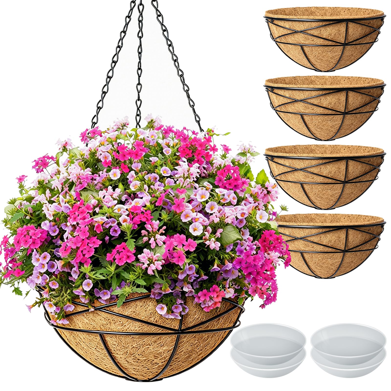 Karlliu hanging planter front view showing powder-coated wire frame and liner for durable display