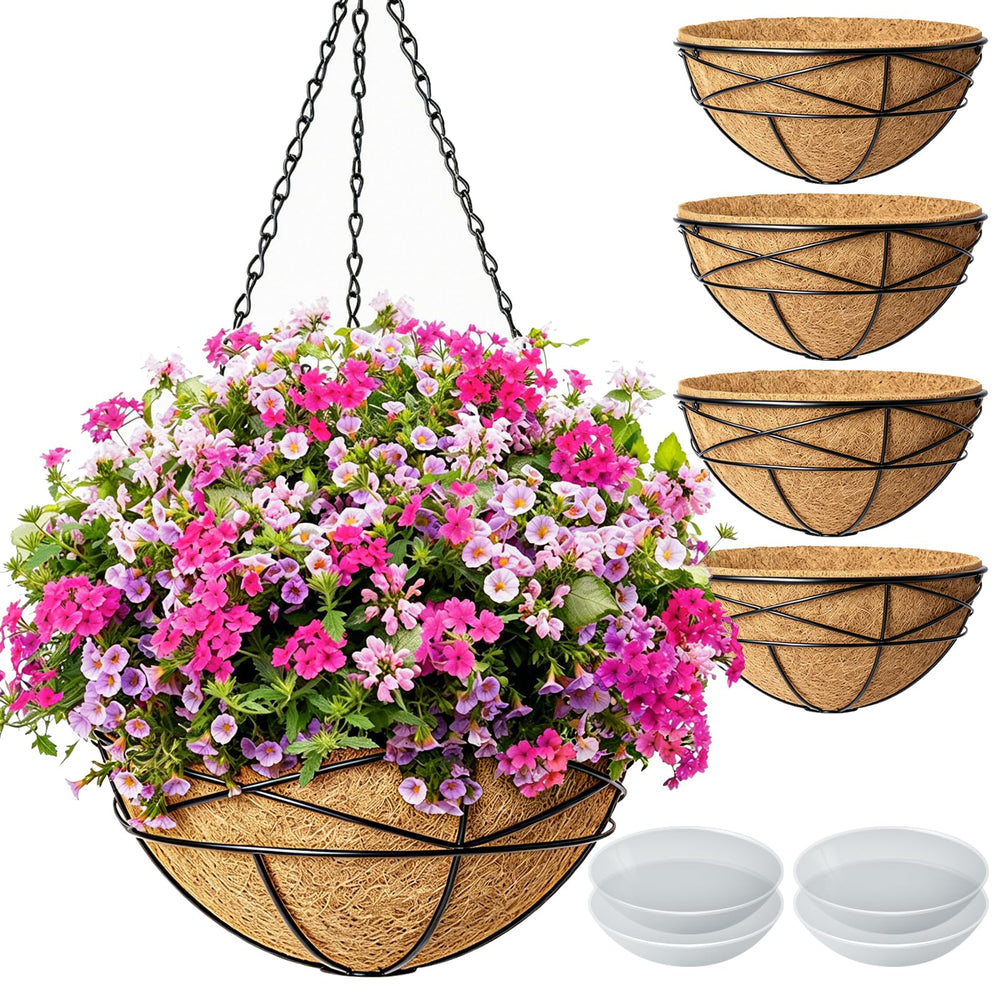 Karlliu hanging planter front view showing powder-coated wire frame and liner for durable display