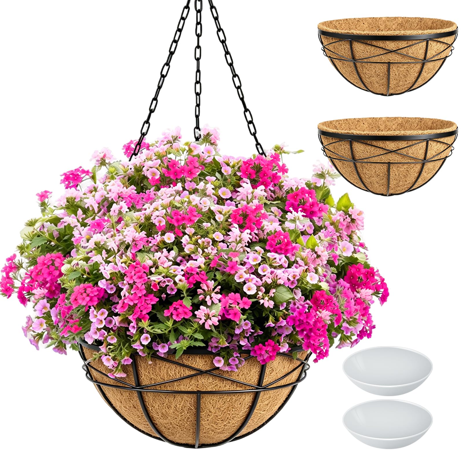 Karlliu front view of 16-inch metal hanging planter showing elegant frame and coir liner benefit: durable display