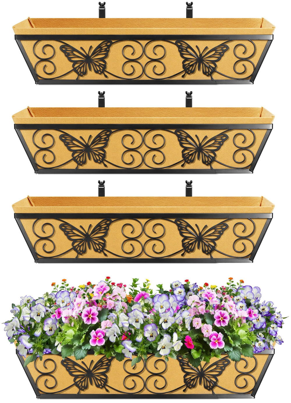 Karlliu planter in use on balcony railing with flowers showing space-saving curb appeal