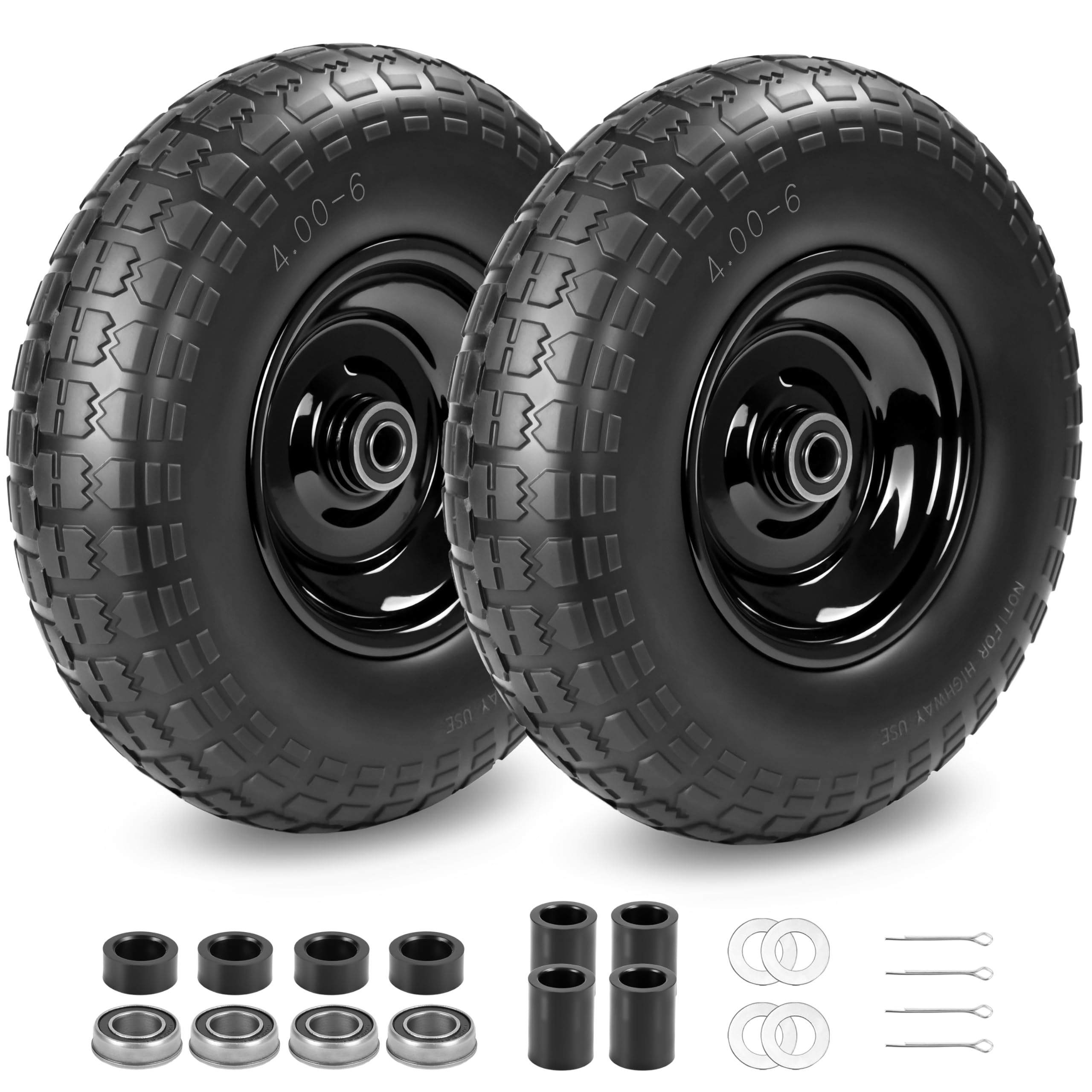 Kartio front view of assembled 13 inch flat-free wheel showing ready-to-install hub and tire benefit: reliable replacement