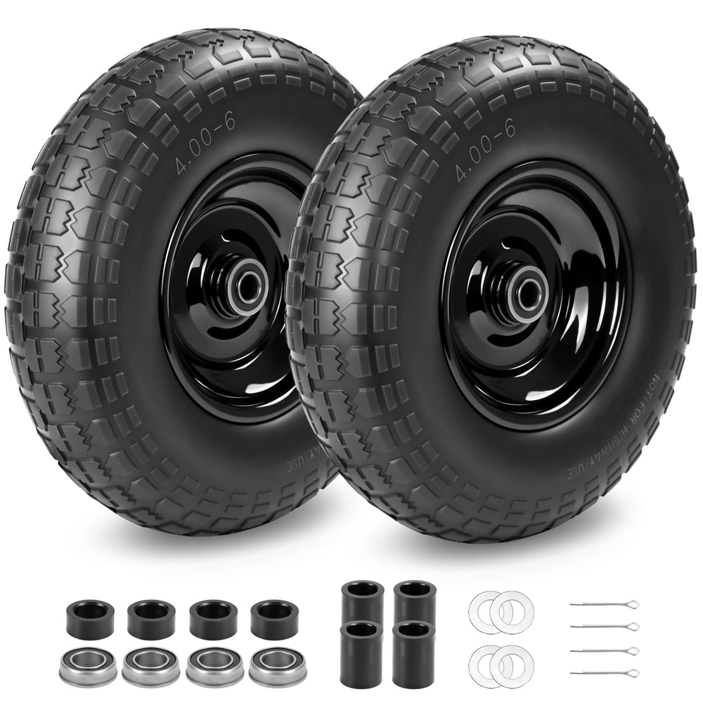 Kartio front view of assembled 13 inch flat-free wheel showing ready-to-install hub and tire benefit: reliable replacement