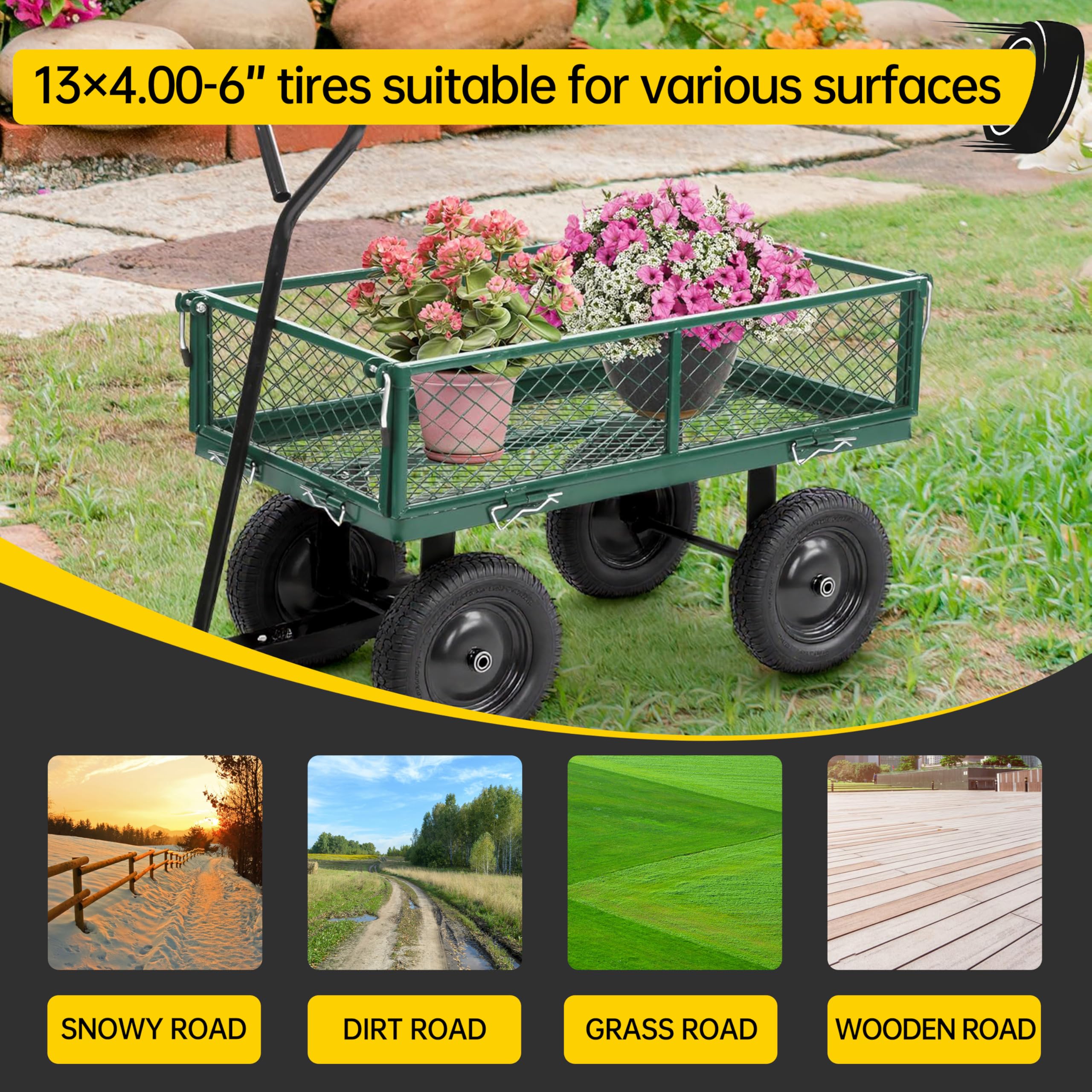 Kartio wheel in a garden setting carrying soil and tools to show practical yardwork advantage