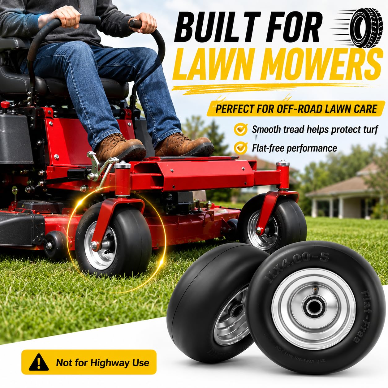 Kartio wheel in a mowing scene showing turf-friendly rolling