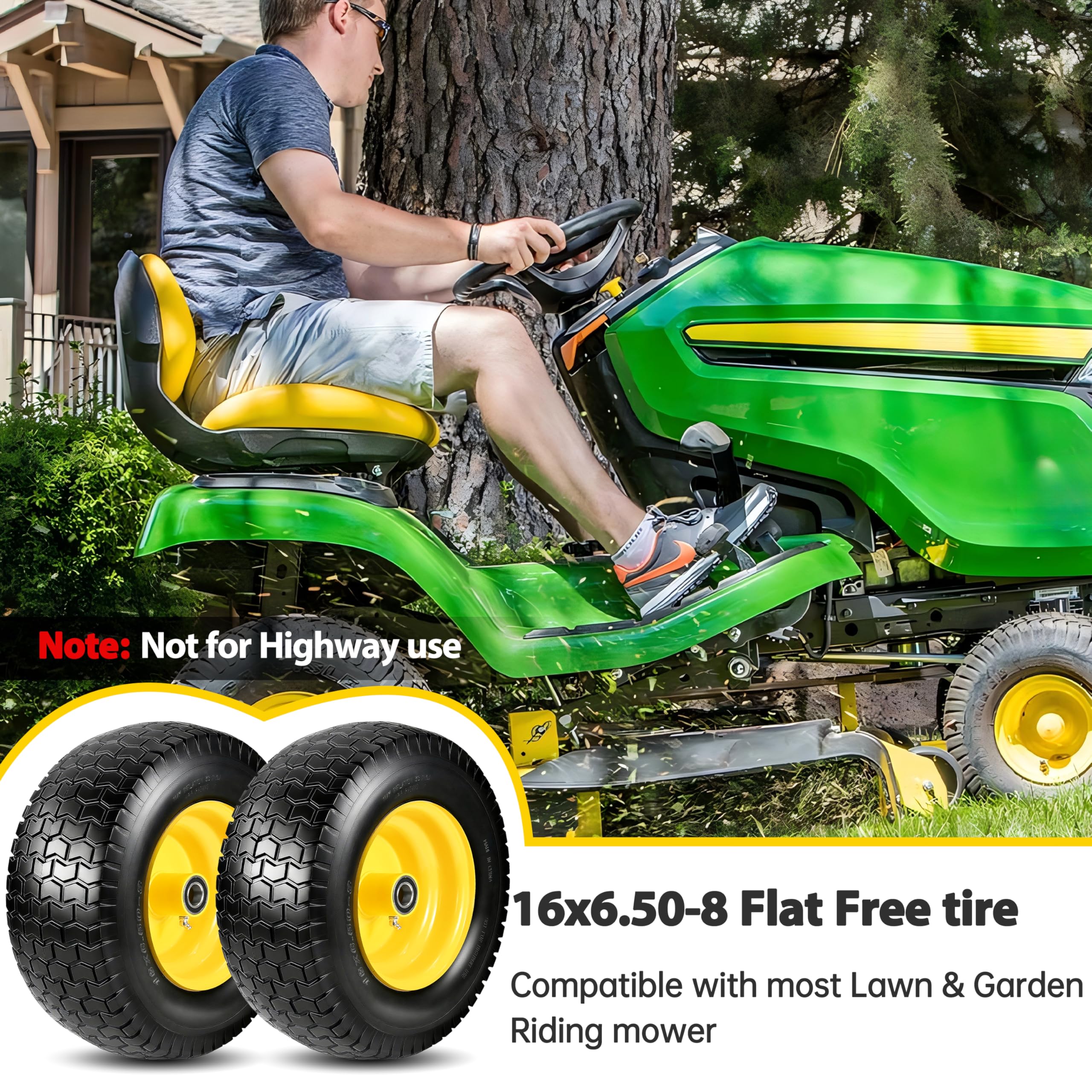 Kartio wheel on a lawn tractor in yard setting showing low-maintenance convenience