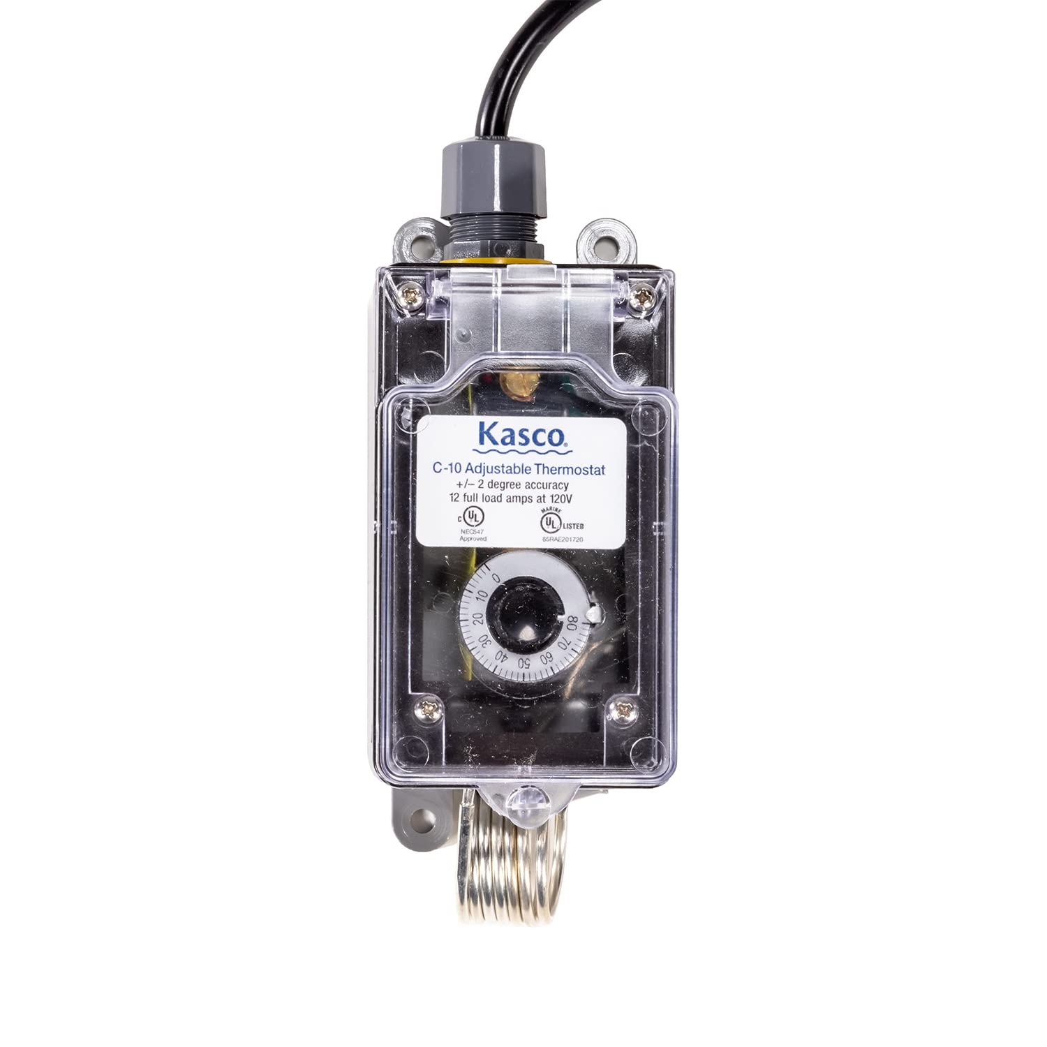 Kasco controller front view showing plug and compact design for easy installation