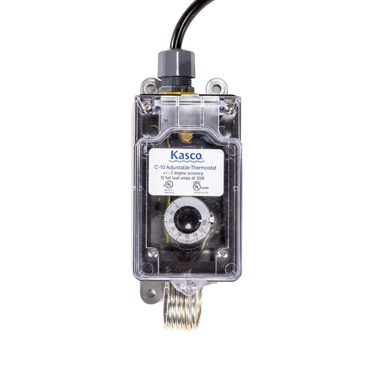 Kasco controller front view showing plug and compact design for easy installation