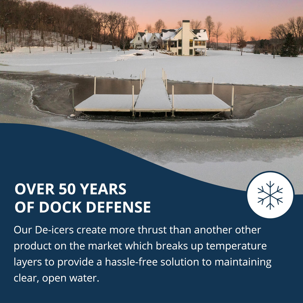 Kasco de-icer active in icy lake keeping open water around dock area