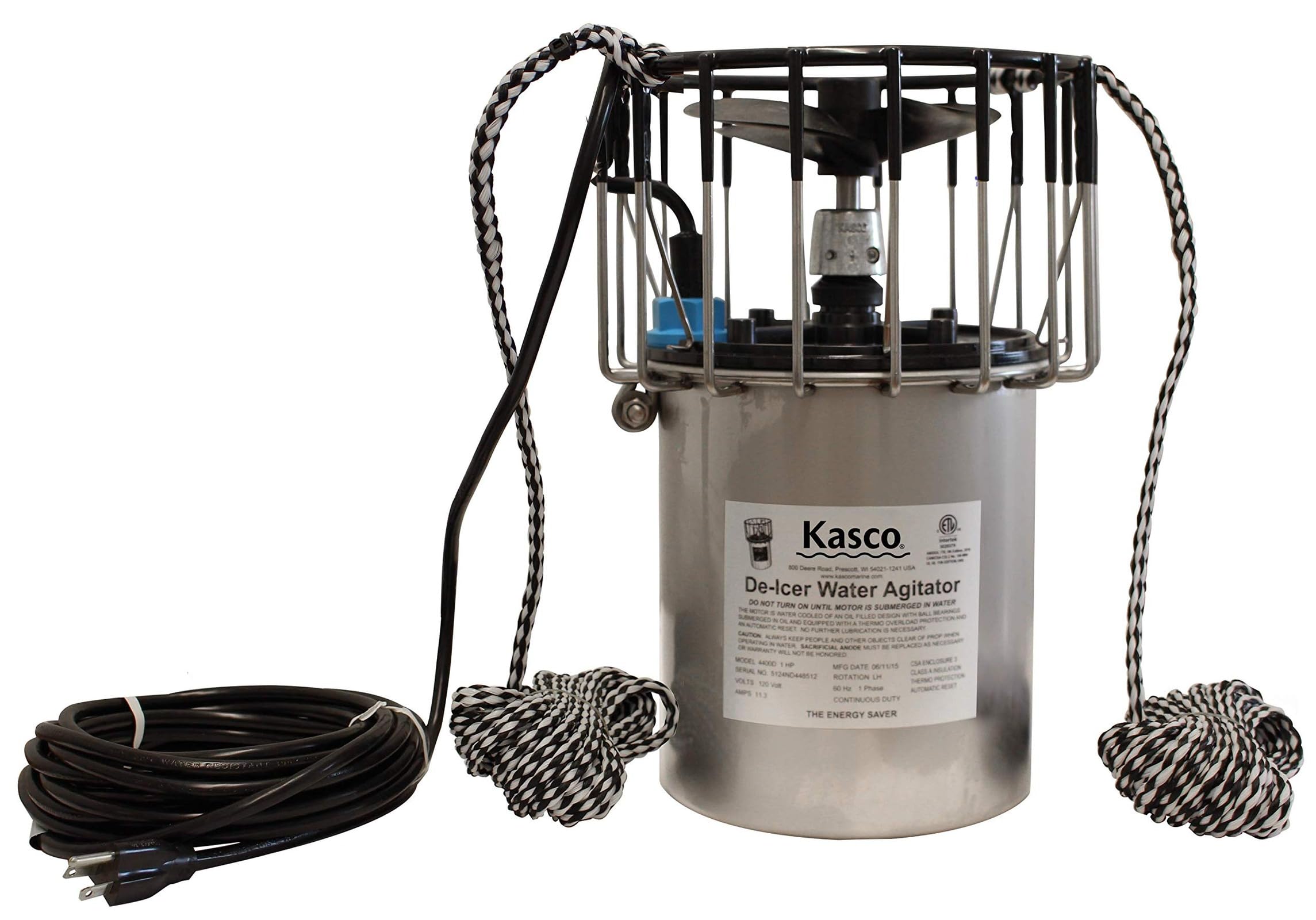 Kasco product label and specs close-up showing model info and safety approval