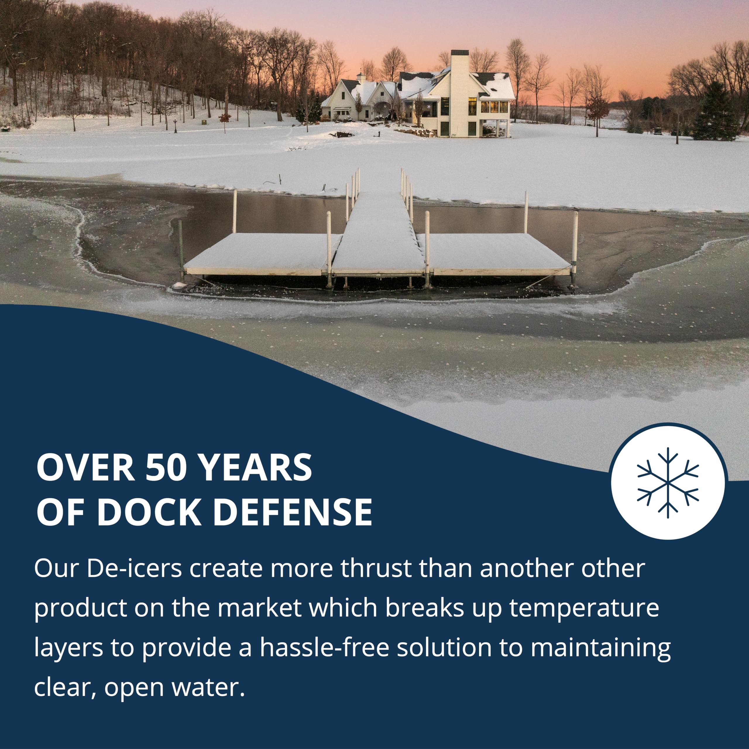 Kasco de-icer mounted at dock keeping boat slip ice-free