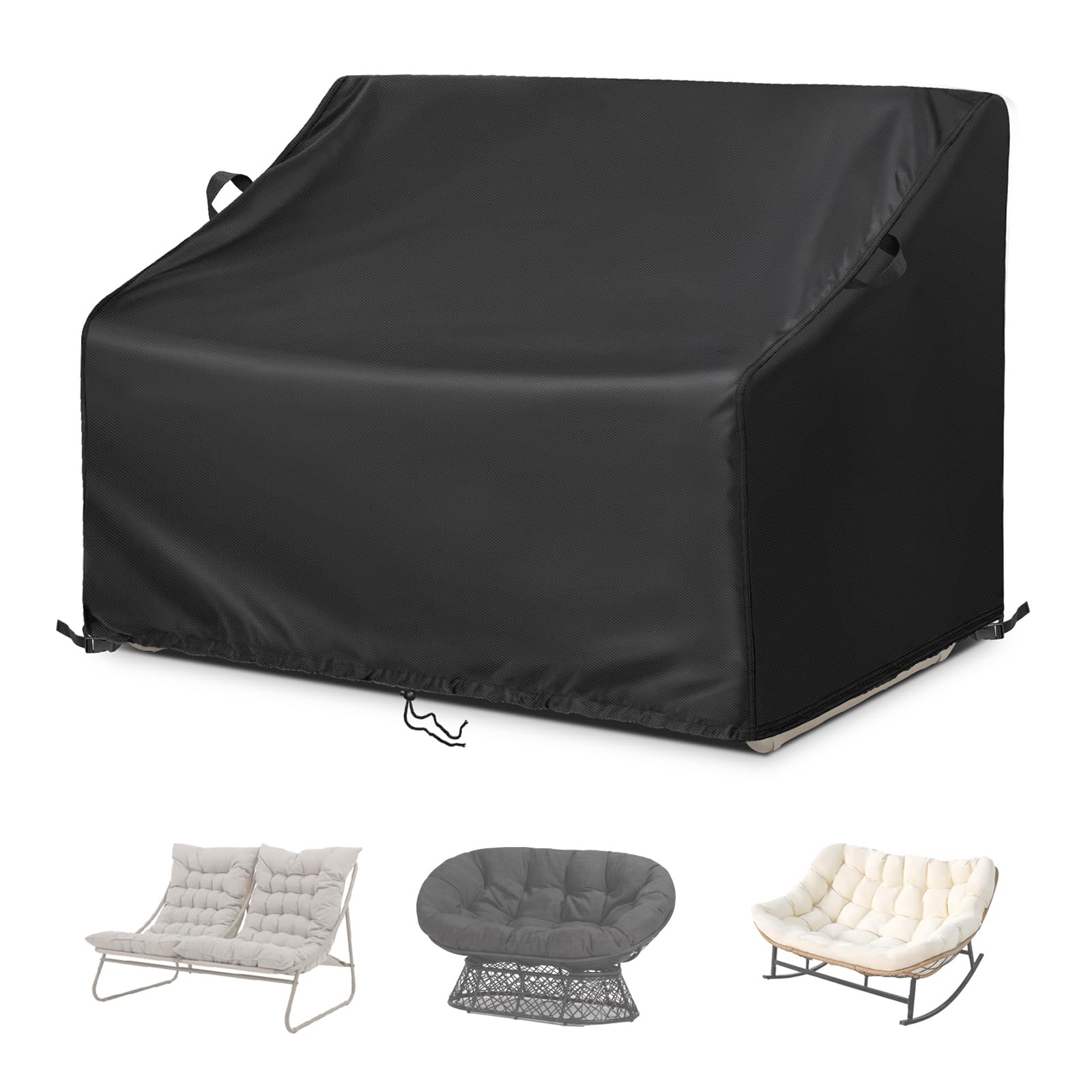 Kasla front view of cover protecting a double chair, shows full coverage and weather protection