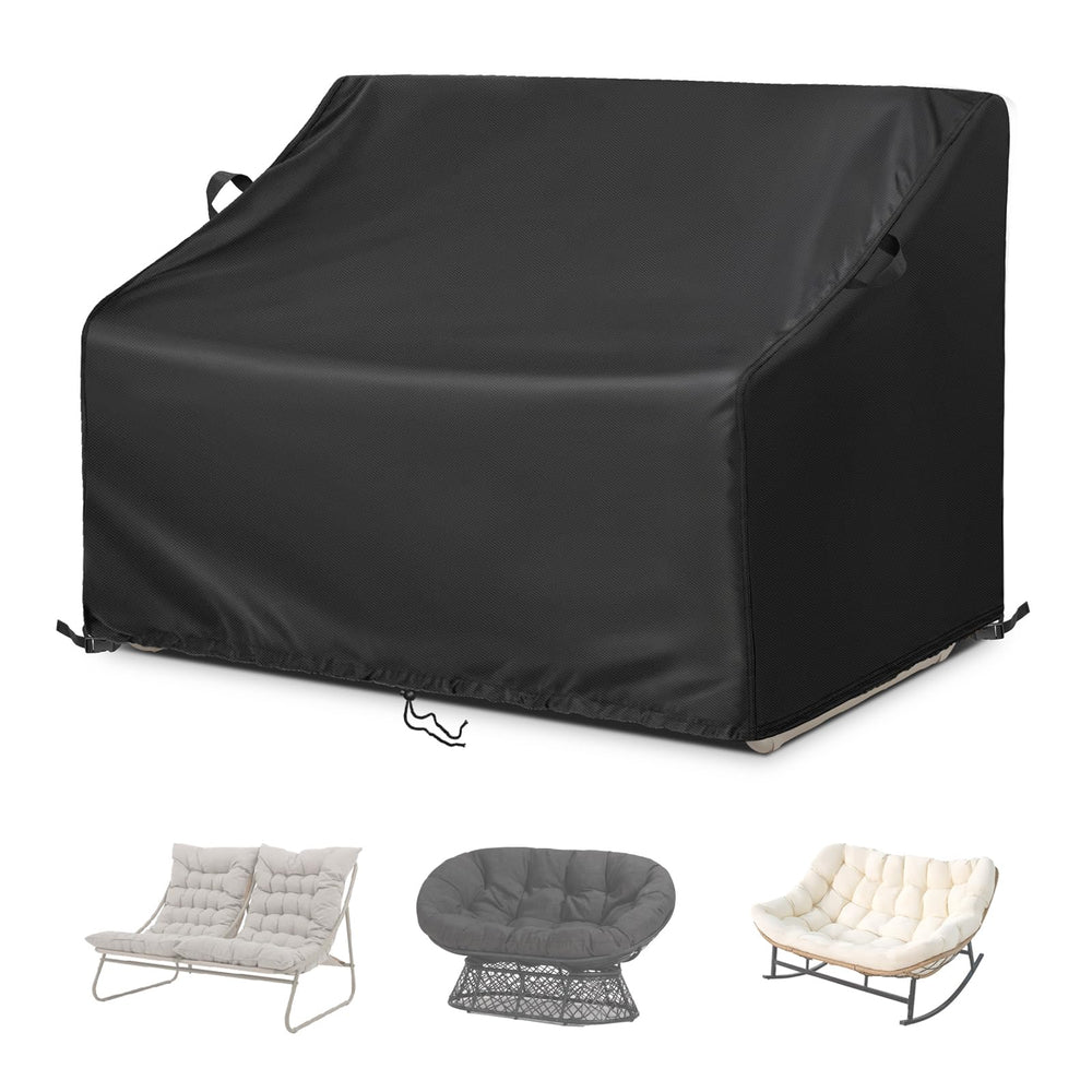 Kasla front view of cover protecting a double chair, shows full coverage and weather protection