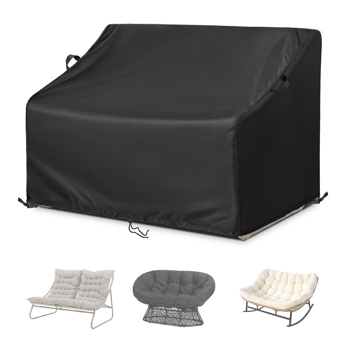 Kasla front view of cover protecting a double chair, shows full coverage and weather protection