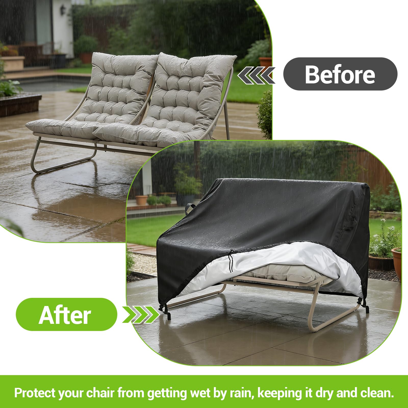 Kasla cover in use on a patio loveseat, keeps furniture clean and ready for guests