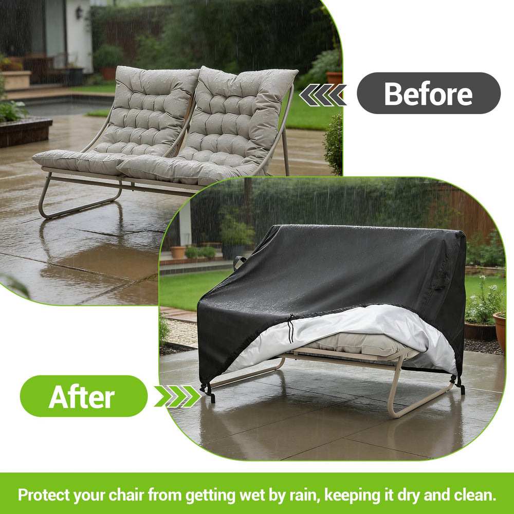 Kasla cover in use on a patio loveseat, keeps furniture clean and ready for guests