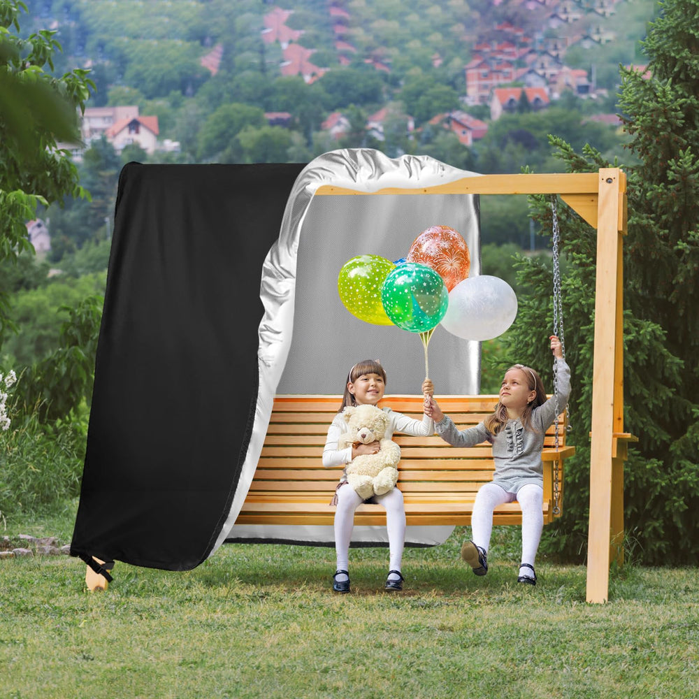 Kasla cover next to chair for scale demonstrating fit for two‑seat swings