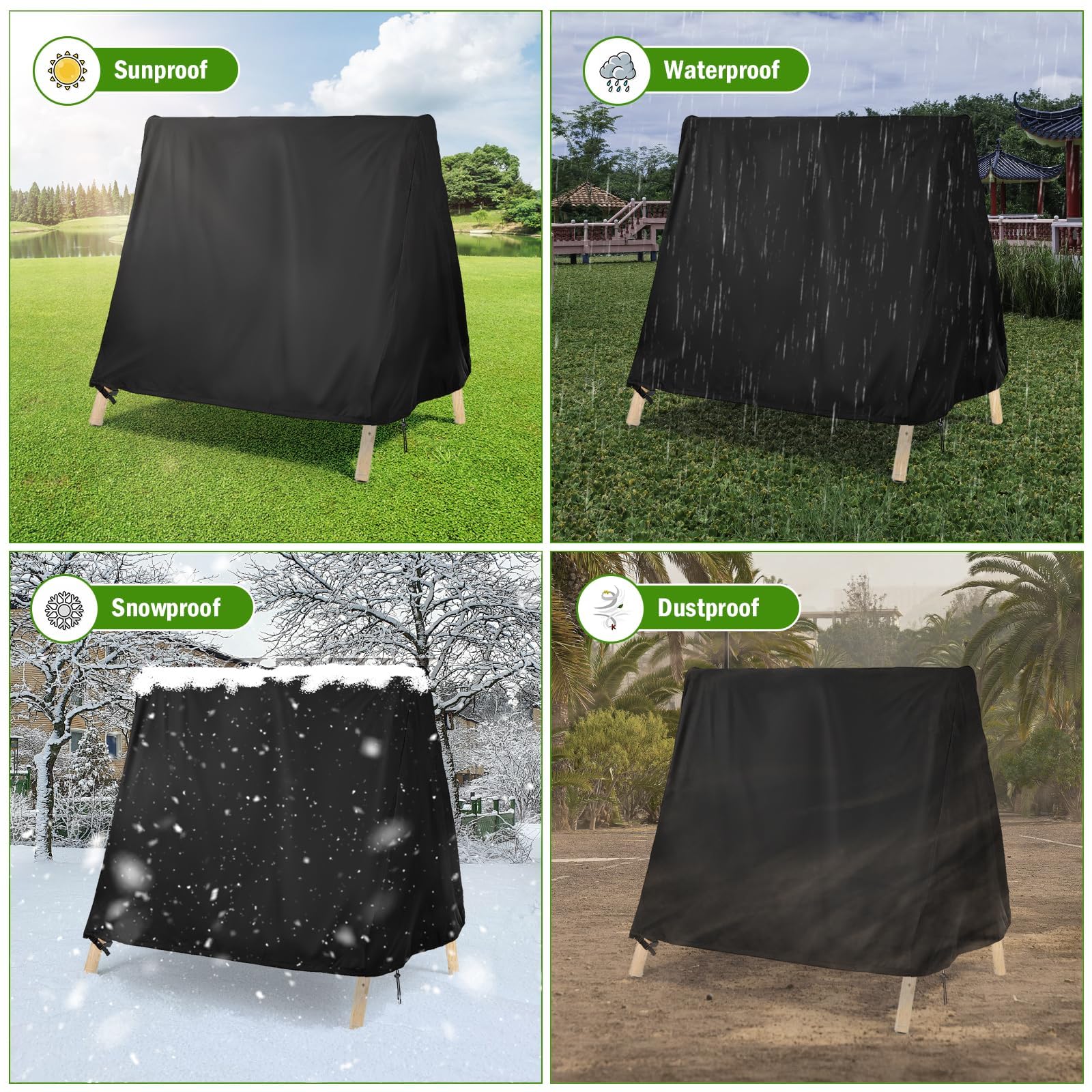 Kasla side profile of covered A-frame swing, provides complete weather protection